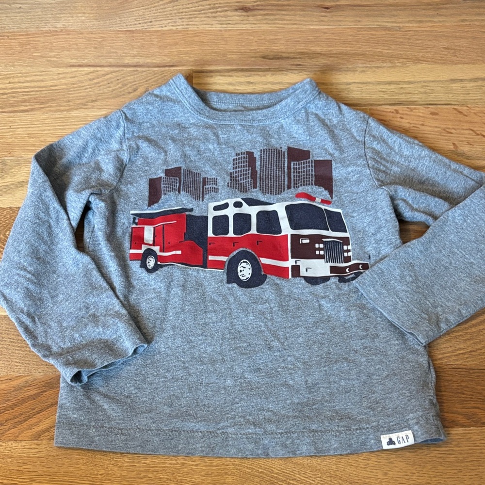 GAP Gray Long-Sleeve Tee with Red Fire Truck Graphic